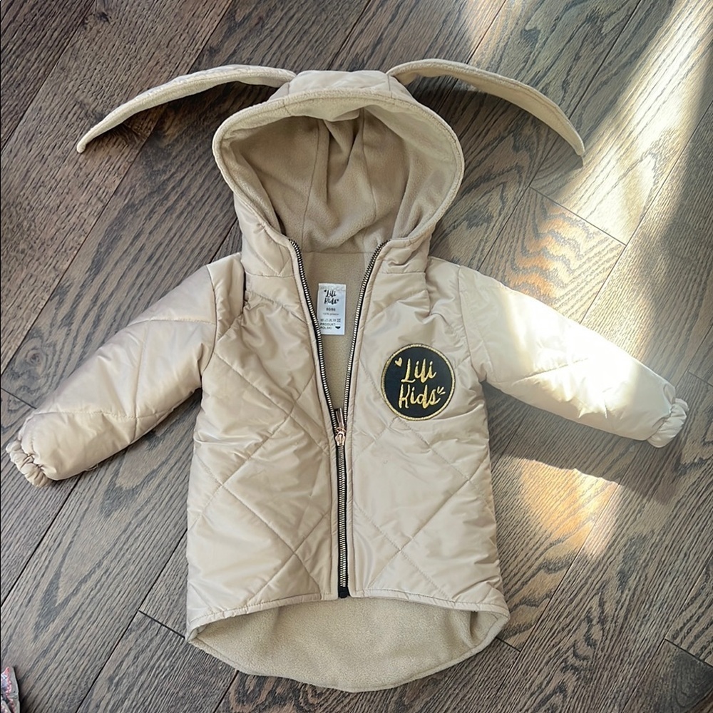 Tan Quilted Hooded Jacket with Ears 12-18 months baby ! European EUC